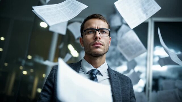 Businessman overwhelmed by flying paperwork inside modern office symbolizing stress workload pressure and information overload in contemporary corporate environment