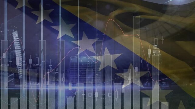 Animation of waving bosnian flag with bar graphs over view of river by cityscape at night