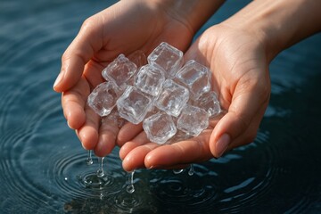 Ice cubes held hands with water droplets falling into pool symbolizing hydration balance and wellness for healthy diet and longevity supporting lifespan and reducing stress with technology