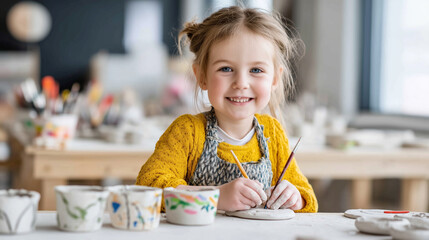 Happy smiling faceless girl having fun learning work with craft art, clay handmade workshop ceramic studio, little ceramist enjoy creative handcraft hobby, pottery artisan school c