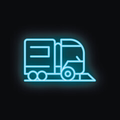 Blue neon icon of a garbage truck collecting waste on black background
