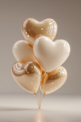 Cluster of translucent gold heart shaped balloons floating on neutral background