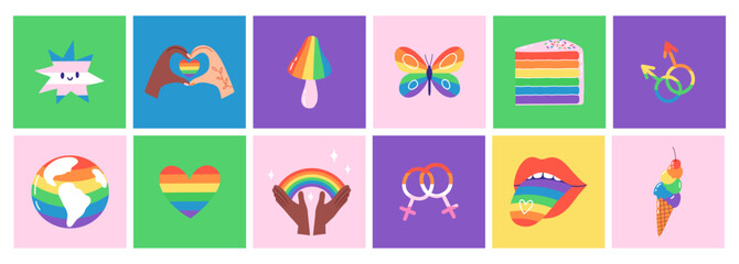 Set of square posters with rainbow symbols, hearts, hands and joyful characters. Hand drawn vector illustration. 