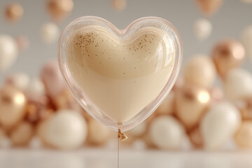 Translucent heart shaped balloon with gold glitter floating in celebration