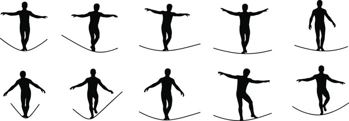 Black silhouette illustration of person balancing on curved tightrope, showing movement, posture variations, acrobatic performance, balance challenge, and circus concept © Irin Akter