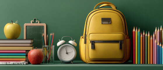 Yellow backpack with school supplies for back to school