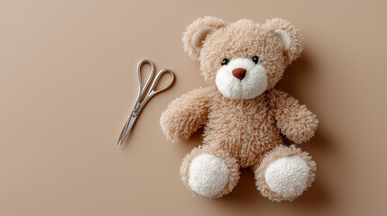 Sewing teddy bear by hand hobbies, DIY toy for children, brown background top view, crafting activity, handmade creation, textile hobby, with copy space