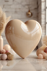 Large glossy beige heart sculpture standing among neutral decorative elements