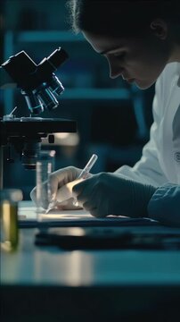 A scientist in a lab coat and gloves is examining a slide under the microscope.