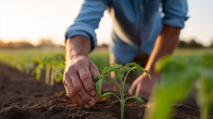 Warmth golden hour faceless dedicated gardener tends to young plants, nurturing growth gentle touch, horticulture care, botanical passion, plant cultivation, defocused background,