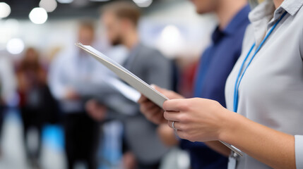 Faceless job seekers actively engaging with recruiters at bustling career fair, showcasing determination eagerness