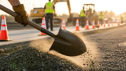 Construction worker digging gravel with shovel on road construction site with heavy machinery.