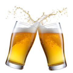 A celebratory toast with two glasses of golden beer splashing against a dark background