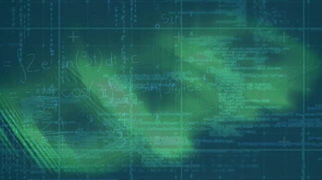 Animation of green lines, data processing and math formulas in green space