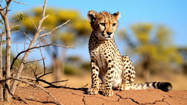 Alert cheetah cub sitting outdoors in african savanna