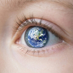 Naklejka premium Surreal Human Eye Reflecting Planet Earth in Close-Up