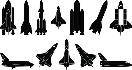 Space shuttle and rocket silhouettes collection, aerospace spacecraft launch vehicles, reusable spaceplanes, futuristic astronautics transportation illustration set © Creatives Art