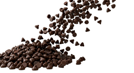 Dynamic dark chocolate chips falling and creating a delicious pile, a versatile baking and dessert ingredient, isolated on transparent background.