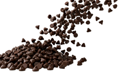 Dynamic dark chocolate chips falling and creating a delicious pile, a versatile baking and dessert ingredient, isolated on transparent background.