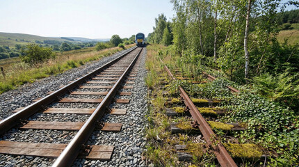 Obraz premium Contrasting Active and Abandoned Railway Tracks in Rural Landscape