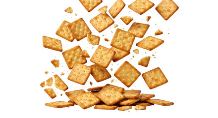 Golden brown crispy square salted crackers dramatically falling and piling up, showcasing delicious snack food texture, isolated on transparent background, ideal for packaging or advertising.