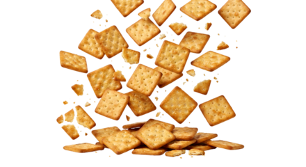 Golden brown crispy square salted crackers dramatically falling and piling up, showcasing delicious snack food texture, isolated on transparent background, ideal for packaging or advertising.