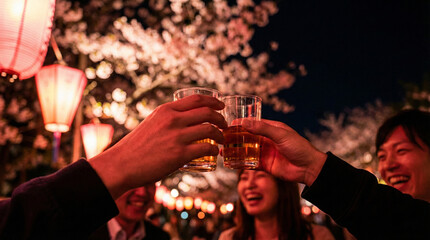 Friends Toasting with Beer Glasses Under Cherry Blossoms and Lanterns at Night Festival