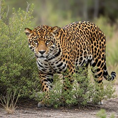 Majestic Jaguar Strolling Through Lush Green Undergrowth in Natural Habitat.