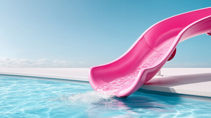 water vibrant pink curve slide close up with clear swimming pool water 