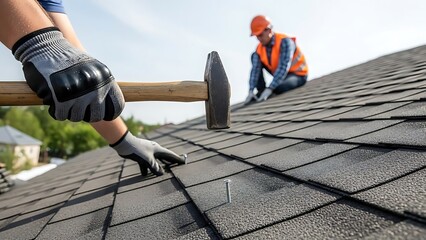 Construction workers installing asphalt shingles on a residential rooftop during daytime.