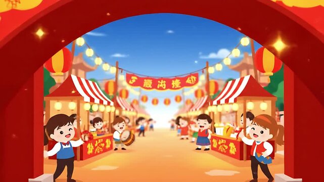 Vibrant Chinese New Year celebration street market entrance gate illustration traditional red archway decoration golden horses and happy festival crowd Perfect Any Project.