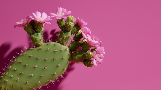 blooming cactus close up detail against vibrant pink background, sunlight shadows