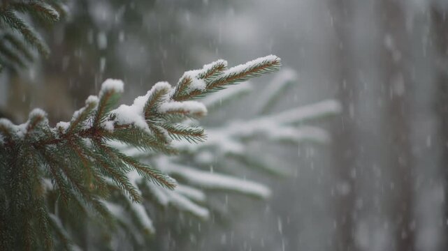 Snow-covered pine tree branch in winter forest scene.