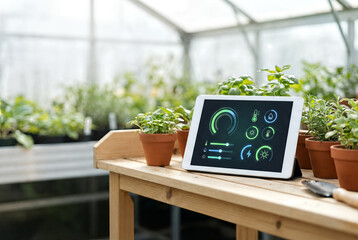 Smart farming tablet displaying environmental control dashboard in greenhouse with potted herbs