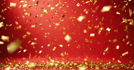 Red background features falling gold confetti. Celebration, party, festive mood conveyed through shimmering particles. Bright, dynamic visual.