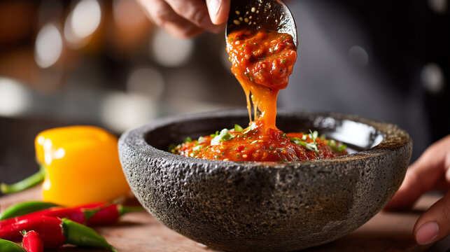 Close-up of faceless hands pouring spicy salsa from a traditional Molcajete (stone mortar), fresh peppers on the table, culinary traditions, warm indoor lighting