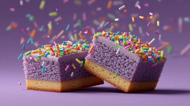 Colorful sprinkles cascading over two layered purple cakes with soft sponge texture and golden base, showcasing vibrant dessert details in a playful arrangement on a pastel background
