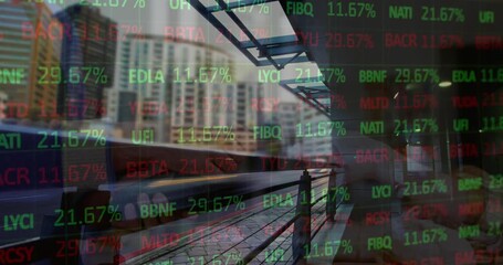 Animation of financial data and graphs over cityscape - Powered by Adobe