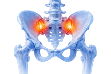 Human pelvis bone anatomy showing hip joints sacrum and lower spine with highlighted pain areas isolated on white background