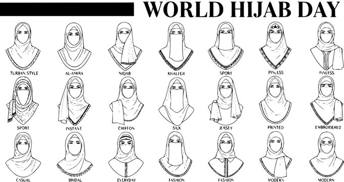 Black and White Line Art Illustration of Diverse Hijab Styles for World Hijab Day, Featuring Muslim Women's Cultural and Religious Head Coverings