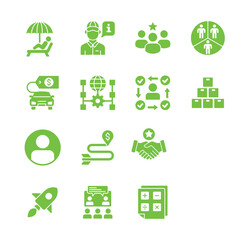 Collection of green icons representing various business, technology, and lifestyle concepts in a grid layout from a straightforward viewpoint