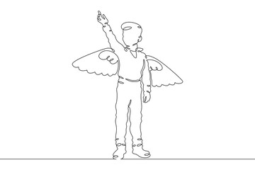 Continuous single line drawing boy dressed as a pilot. A child with wings behind his back. Costume for the holiday. Linear.One continuous line isolated minimalist illustration. Not AI.