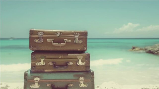 Stacked luggage near ocean.