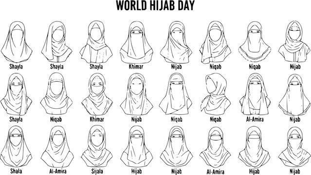 World Hijab Day diverse styles illustration - Black and White Line Art