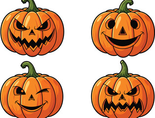 Halloween Pumpkin Face Collection with Scary and Funny Expressions Jack O Lantern Cartoon Vector Set Illustration