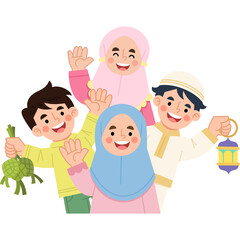 Cheerful Muslim children waving and celebrating Eid with a lantern and Ketupat in hand.

