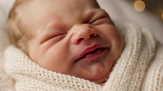 Beautiful newborn baby sleeping peacefully in knit blanket video.
