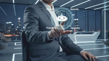 Businessman raised hand controlling holographic chatbot robot, voice control concept, language technology, ai translation