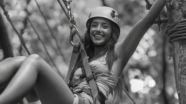 Smiling woman enjoying zipline adventure in the rainforest