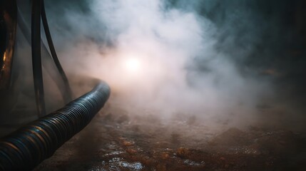 A corrugated industrial hose releases dense steam or mist into a dark textured environment illuminated by a bright ethereal light